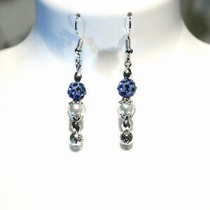 Blue pave dangle earrings with silver and white beads ED-8-008
